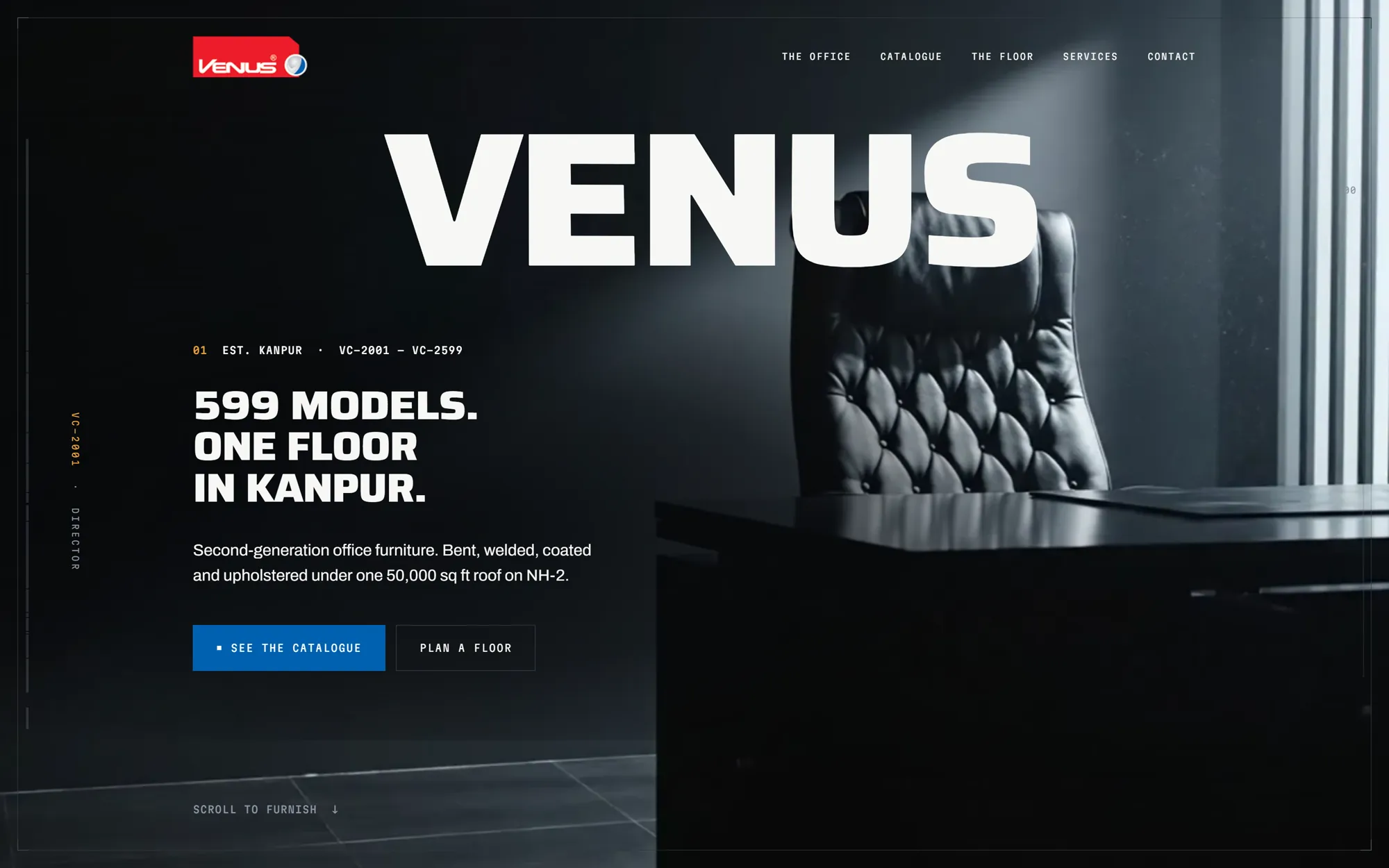 Venus Chairs homepage: the word VENUS in heavy white type over a dark office with a leather chair, and the headline 599 models, one floor in Kanpur.